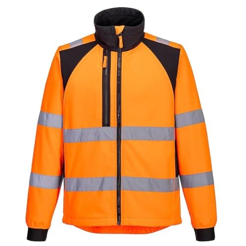 Image of Portwest CD875 Men's WX2 Hi Vis Softshell Jacket - Windproof Water Resistant High Visibility Reflective Eco Safety Jacket Orange/Black, Large