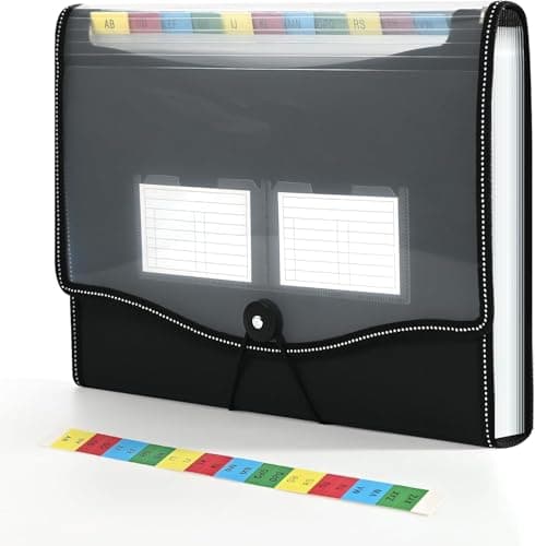 Image of File Organiser, 13 Pockets Expanding File Folder, Document Organiser with 12 Tabs, Folders for Paperwork A4 for Home, Office, and School, Black