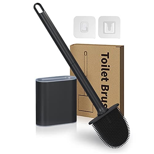 Image of Athyior Silicone Toilet Brush with Holder Set - Flexible Bristles Toilet Brush Bendable Quick Drying Flooring Wall Mounted Long Handle Hygienic Deep Cleaner Anti-drip for Toilet Bathroom, Black