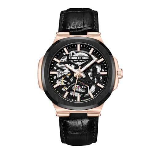 Image of Kenneth Cole New York Luxury Watch for Men, Automatic Movement, Water Resistant, Sophisticated & Sleek Design, Black & Rose Gold Case - Black Leather, Rustic