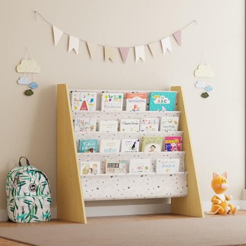 Image of Redd Royal Children Sling Storage Bookshelf, Kids 4 Tier Floor Bookcase Book Display Rack Wooden with Multicolour Canvas Holder for Baby Playroom Nursery Toddler Bedroom (Grey Star)