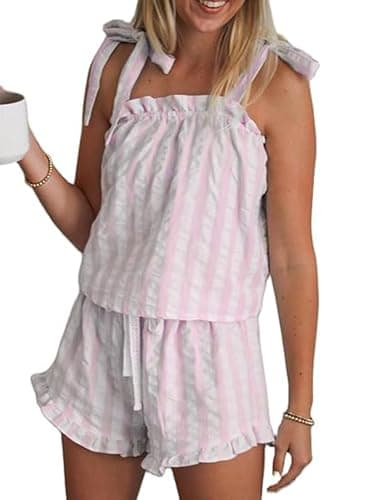 Image of SANSIWU Cute Matching Pajama Set for Women Teen Girls Sleeveless Bow Tie Strap Stripes Print Tank Tops and Shorts Set Loungewear (Stripes Pink, S)