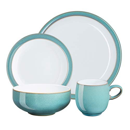 Image of Denby - Azure Blue Dinner Set for 4-16 Piece Ceramic Tableware Plates & Bowls Set Blue, White - Dishwasher Microwave Safe Crockery - 4 x Dinner Plate, Small Plate, Cereal Bowl, Coffee Mug