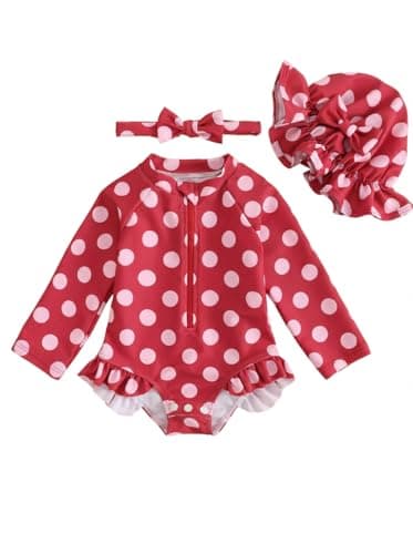 Image of Baby Swimsuit Girl 3-Piece Set 0M-3T - Toddler Swimming Costume with Hat & Headband, Long Sleeve UPF 50+ Infant Rash Vest Front Zipper & Snaps, Red Dot 12-18 Months