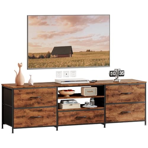 Image of Forthcan TV Stand Cabinet, TV Unit TV Console Table with 5 Drawers Storage Organizers, Entertainment Center with Open Shelf for Living Room, Bedroom (Brown)