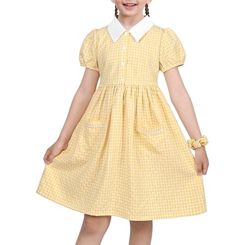 Image of Sunny Fashion Girls Dress Yellow Gingham Pocket Puff Sleeve Casual School Outdoor Age 10 Years