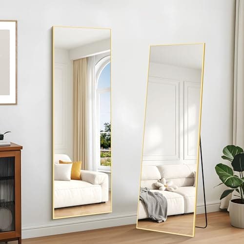 Image of KOCUUY Rectangle Full Length Mirror, 147 x 44 cm Wall Mirrors, Free Standing Mirror Full Body with Aluminum Alloy Frame, Suitable for Bedrooms, Hallway or Cloakroom, Gold