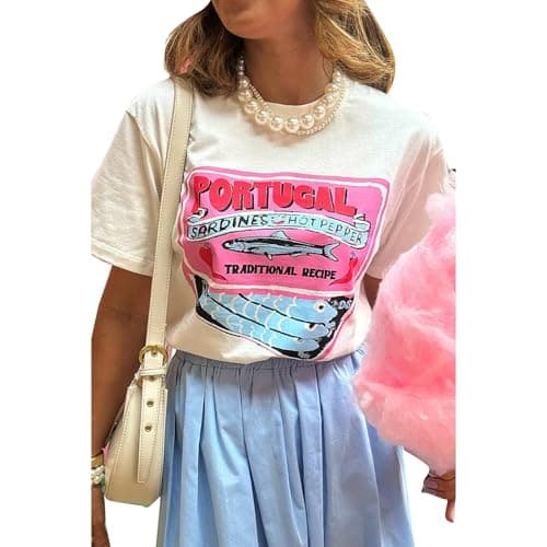 Image of Women Cute Graphic Oversized Tees Fish Lobster Printed Y2K Baggy T Shirts Teen Girls Preppy Vintage Aesthetic Summer Tops, White Pink, M
