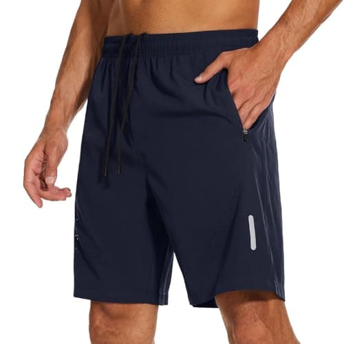 Image of YUTYTH Mens Gym Running Shorts Breathable Quick Dry 7" Gym Athletic Shorts with Zipper Pockets and Reflective Strip Navy