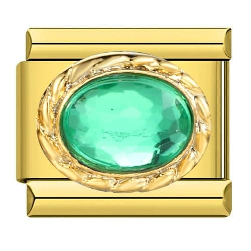 Image of Mon & Sons Gold Green Crystal Gem Charm Silver Italian Link Stainless Steel Bracelet Charm Compatible With 9mm Bracelet