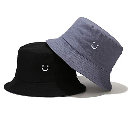 Image of Umeepar Reversible Smile Face Embroidered Bucket Hat 2 in 1 Packable Beach Sun Hat for Women Men (UK, Alpha, One Size, Misty Blue/Black)