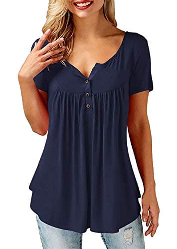 Image of Beluring Womens V Neck T-Shirts Swing Ruffle Button up Tunic Tops Blouse Navy Size 12 14