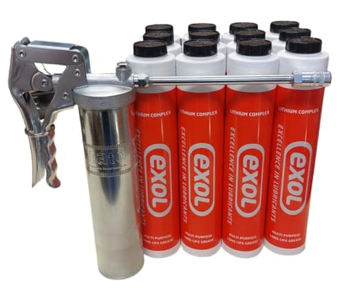 Image of LUBESHUTTLE SINGLE HANDED GREASE GUN AND 12 X 400GM EXOL LITHIUM COMPLEX SCREW IN GREASE CARTRIDGES
