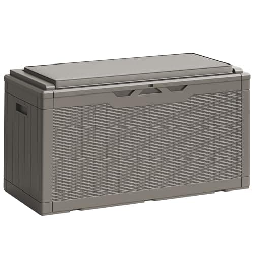 Image of MARIVIA Greesum 100 Gallon Resin Deck Box Lockable Large Outdoor Storage Boxes for Garden Tools, Patio Furniture Cushions, Pool Supplies, Light Coffee
