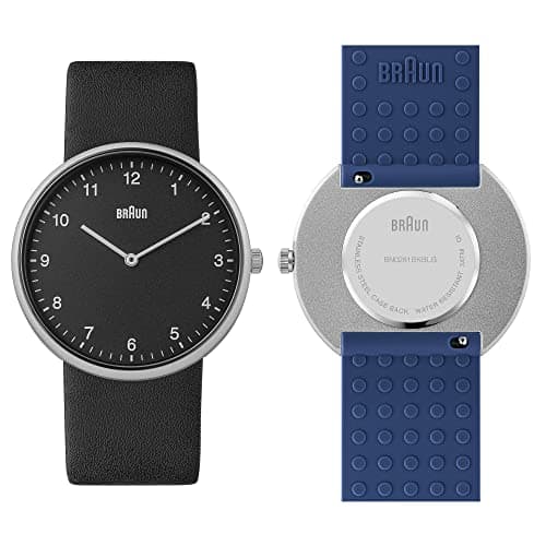 Image of Braun 2-Hand Analogue Quartz Watch, Black Dial and Black Leather Strap with Additional Blue Silicone Rubber Strap, Quick-Release Spring Bars, 38mm, Model BN0281BKBLG.