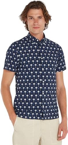 Image of Tommy Hilfiger Men's Mini Palm Print Sf Shirt S/S Mw0mw34582 Casual Shirts, Blue (Desert Sky/Multi), M