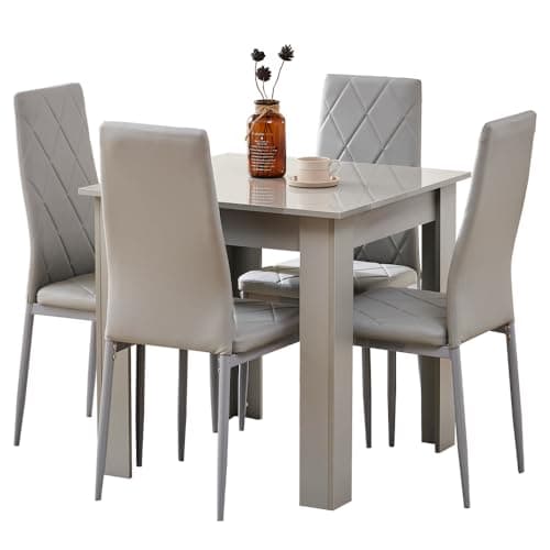 Image of Rainbow Tree Modern 5 Piece Dining Room Table and Chairs Set, Wooden Square Table with 4 Chairs for Small Space Apartment Space Saving (Grey Table+4 Grey Argyle PU Chair)