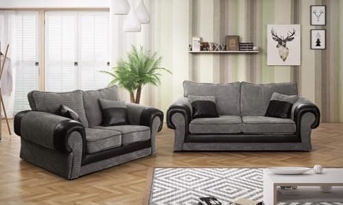 Image of Grey Fabric & Black Faux Leather 3+2 Corner Armchair Seater Sofa Set | Modern High Back Cushioned Sofas | Deep Seat Comfort Living Room Suite | UK Home Furniture