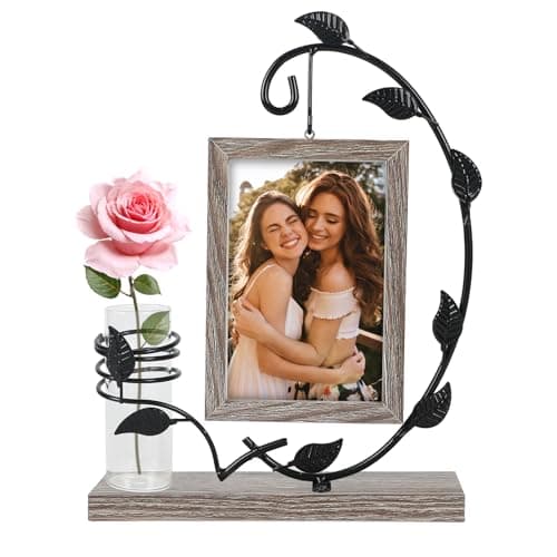 Image of Picture Frame Wooden 6x4, Double Layered with Glass Vase and Metallic Leaves Designed To Hold Photographs,Personalised Gifts for Thanksgiving Christmas Birthday (A2 Grey)