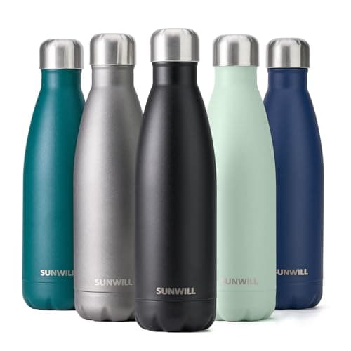 Image of SUNWILL Insulated Water Bottle Metal, 500ml Stainless Steel Reusable Thermal Flask for Cold and Hot Drink, Travel, Sports, Gym, Powder Coated Black