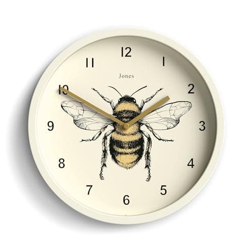 Image of Jones Clocks® Bee wall clock | Small modern clock with honeybee illustration | 25cm | Pale cream | Decorative design for kitchen, living room, bedroom or office