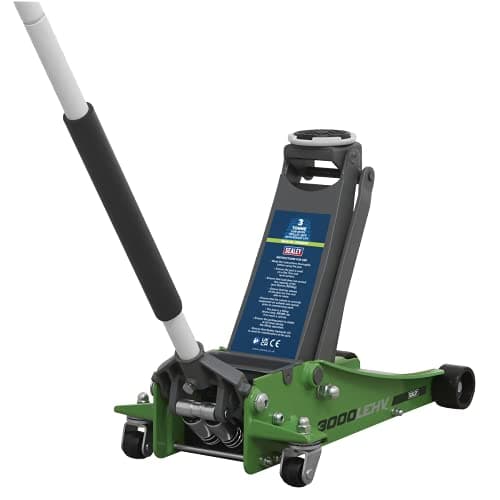 Image of Sealey 3 Tonne Low Profile Trolley Jack, Car Jack, with Rocket Lift - High Vis Green - 3000LEHV, 5054630270338