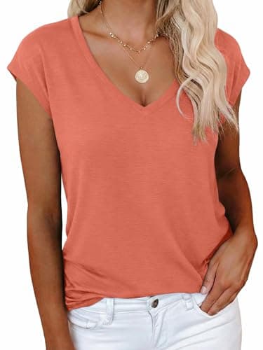 Image of Arevill Womens Tops V Neck T Shirt Summer Casual Short Cap Sleeve Shirt Ladies Solid Color Cotton Basic Tee Clothes Outfits Coral