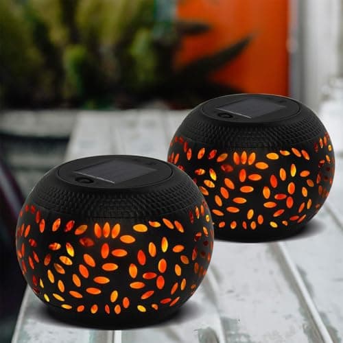 Image of pearlstar Solar Garden Lanterns Waterproof, Solar Table Lights with Flickering Flame, 2 Packs Decirative LED Flame Table Lamps Outdoor Garden Ornaments Black