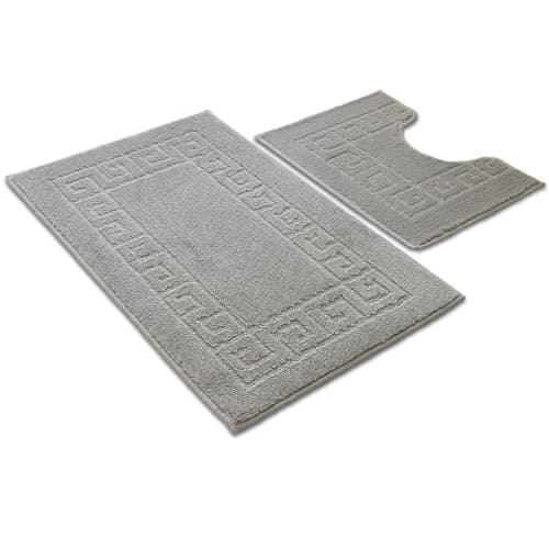 Image of Ambience Products Greek Key Pattern Bath Mats 2 Piece Sets Non Slip Bathroom Mat, Soft Washable Rug Quick Dry Water Absorbent Bathroom Shower Mat & Pedestal Set (Silver)
