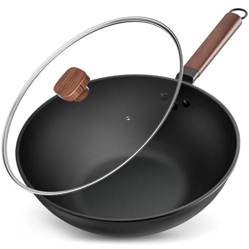 Image of Jobin 33cm/5.6L Non Stick Wok with Lid Carbon Steel Frying Pan No Chemical Coated and Large Capacity for Cook Asian Dishes for 4-6 People, Ideal for Induction, Gas, All Hobs