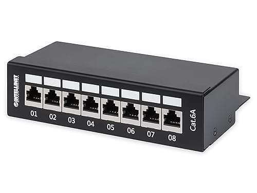 Image of Intellinet Patch Panel, Cat6a, FTP, 8-Port, Desktop, Shielded, 90° Top-Entry Punch Down Blocks, Black