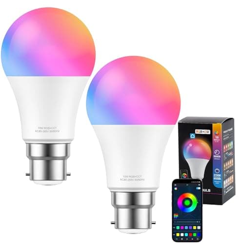 Image of Quwem Smart Bulb Bayonet B22, 2 Pack 10W 800LM Colour Changing WiFi Light Bulb RGB Dimmable Warm White LED Lightbulb App or Voice Control Works with Alexa and Google Home Assistant 2700K-6500K