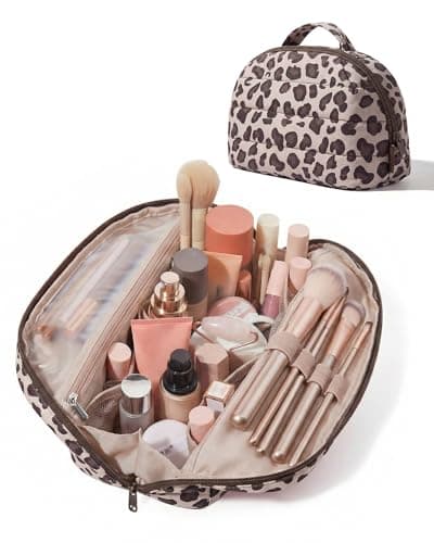 Image of BAGSMART Travel Makeup Bag, Flat Lay Make Up Pouch for Women, Foldable Wide Opening Cosmetics & Brushes Organiser, Small Toiletry Bag, Puffy Padded, Leopard Print