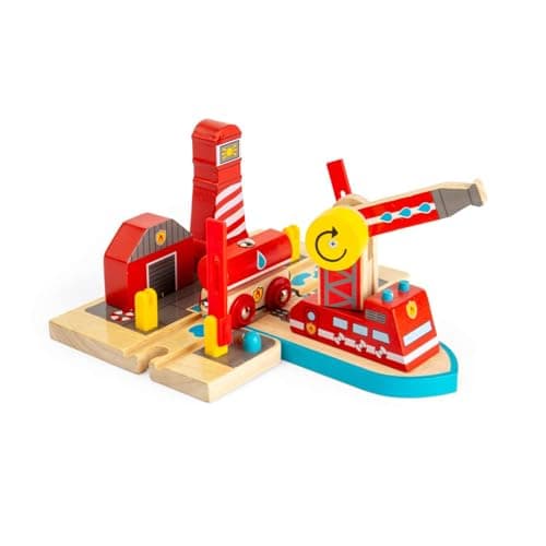 Image of Bigjigs Rail Fire & Sea Rescue | Wooden Train Set Accessories | Emergency Services Toys | Expansion Pack for Wood Railway Track | Includes Crane, Barge & Water Tank Figures | Gifts for 3+ Year Olds
