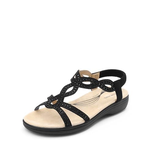 Image of DREAM PAIRS Women's Comfort Dressy Rhinestone Summer Beach Sandals Slip-on Flat Walking Orthopedic Sandals with Elastica Back Strap,Size 6.5,Black,DWUMFS2520