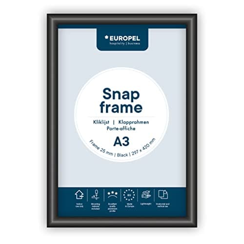 Image of EUROPEL Snap Frame Black A3, 25 mm | Aluminium Anodised Construction & Anti-Glare Cover | Clip Poster Holders for Retail & Advertising Displays | Notice Sign Board Frame for Walls