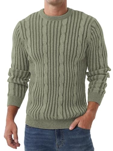 Image of QIXING Men's Cable Knit Jumper Round Neck Interval Stripes Elastic Warm Soft Thick Sweater for Men UK(Light Green Gray, XL)