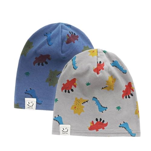 Image of FUYAO Baby Beanie Hat 2 Pack Toddler Kids Soft Cotton Skull Cap Little Boys Girls Warm Hats for Spring Autumn (UK, Age, 1 Year, 6 Years, Dinosaur Navy + Dinosaur Grey)