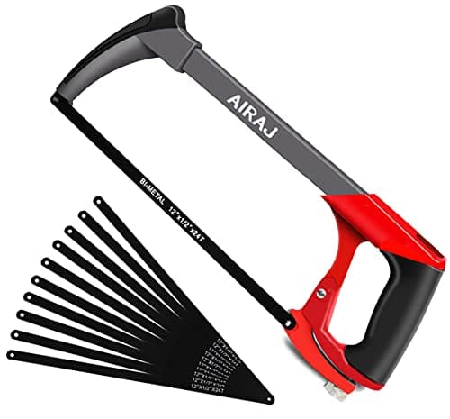 Image of AIRAJ Multifunctional Hacksaw Frame with Adjustable Tension and 10 Saw Blades,Two Sawing Angles (45°/90°) Saw.Multi-Purpose Heavy Duty Hand Handsaw Set for Plastic, PVC Pipe,Tile, Metal
