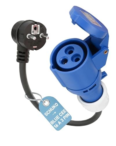 Image of RamTouch Schuko Plug to Blue 16 A 3-Pin CEE Commando Socket Adapter Cable | 50 cm Heavy Duty 3G2.5 mm² Cable, Max 16 A | CEE Fly Lead for Adjustable EV Chargers, Caravan Hook Up and Camping Use