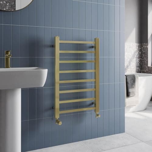 Image of Solaro® 800 x 500mm Square Bar Straight Heated Towel Rail Radiator Modern Central Heating Bathroom Warmer Wall Mounted Ladder Rad, Brushed Brass