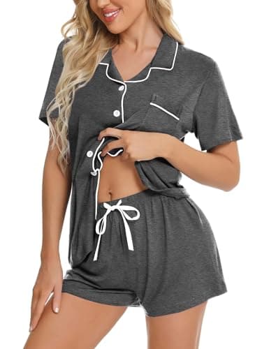 Image of SWOMOG Womens Button Down Pyjamas Set Short Sleeve Sleepwear Bride Soft Pj Lounge Sets Deep Grey