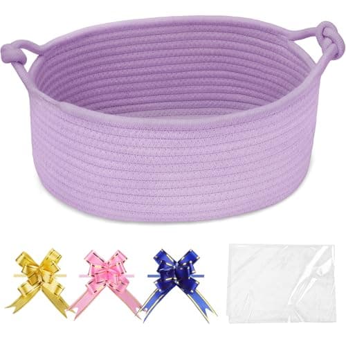 Image of COMSE Gift Basket Empty, Small Woven Basket with Gift Bags and Ribbons, Nursery Bin to Fill with Small Items, Baby, Pet Toy Organizer Box, 30.5 x 20 x 13 CM, Purple