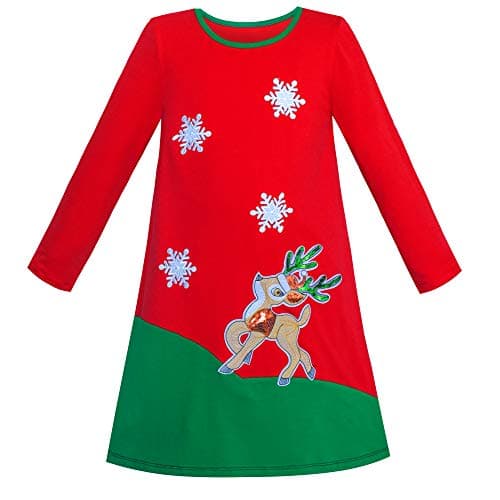 Image of Sunny Fashion Girls Dress Long Sleeve Christmas Reindeer Snow Holiday Party Age 8 Years Red Green