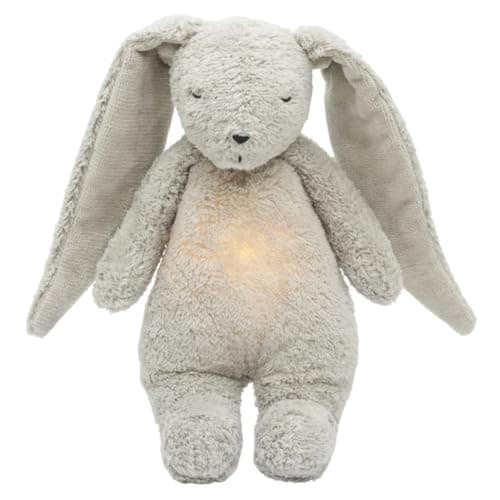 Image of Moonie 2.0 Organic Humming Bunny with Night Lamp – Gray | Soothing White & Pink Noise Sleep Aid for Babies | Voice Recording | Rechargeable, GOTS Certified Cotton | Calming Plush for Newborn & Toddler