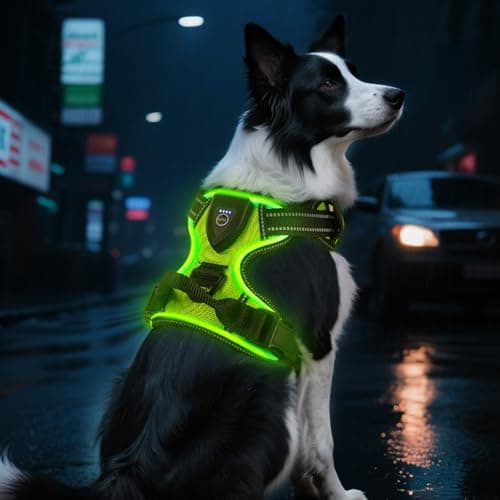 Image of AUAUY Light Up Dog Harness, Rechargeable LED Dog Harness, Adjustable, with Handle, Breathable, Soft and Thickened Safety Dog Vest for Small, Medium and Large Dogs (Green- L)