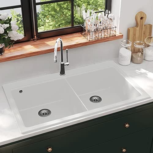 Image of ARKEM Undermount Kitchen Sink Drop in, T O Pmount Single Bowl Outdoor Campervan Sink,Overmount Kitchen Sink Double Basin Granite Cream White