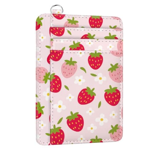 Image of peacoblue Credit Card Holder for Women - Strawberries PU Leather Slim Wallet with ID Window, 6 Card Slots, and Cash Pocket - Perfect for Travel and Gifts