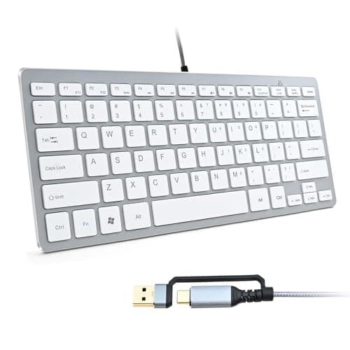 Image of Upgraded Powboro Compact USB C Mini 78 Scissor Key Keyboard, Portable USB Slim Wired Keyboard for PC, Laptop, Desktop, Windows, Mac, Plug and Play Space-Saving US Layout for Office Home Travel (White)