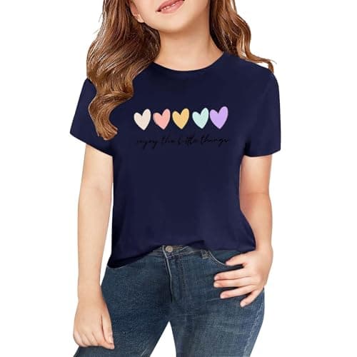 Image of Girls Heart T Shirts Cotton Kids Short Sleeve Athletic Tee Crew Neck School Clothes Personalized Tops Cute Graphic Summer Tshirt Casual Loose Basic Tee (Navy-a, 3-4 Years)